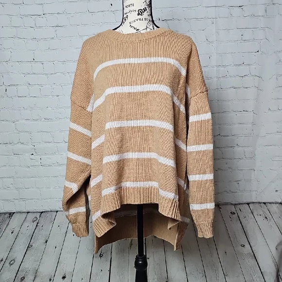 Lane Bryant Tan and White Striped Crew Neck Sweater - Picture 1 of 7